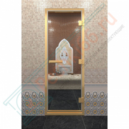 Стеклянная дверь DoorWood «Хамам Прозрачная» в золотом профиле 2100х800 (по коробке)