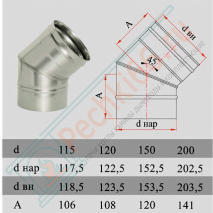 Отвод 45° без изол (НЕРЖ-321/0,8) d-120 (Дымок-Lux)