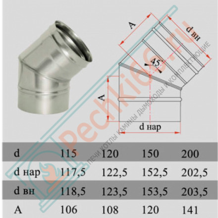 Отвод 45° без изол (НЕРЖ-321/0,5) d-120 (Дымок-Lux)